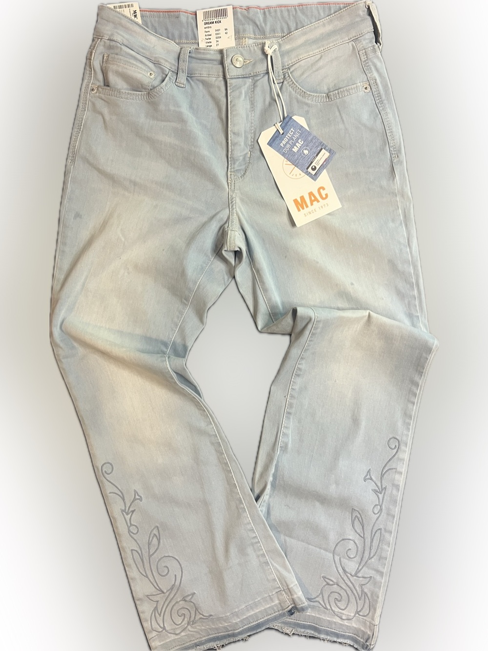 MAC jeans dream kick embro/tonal embroidery/5-pocket/bootcut/raw hem-NWT